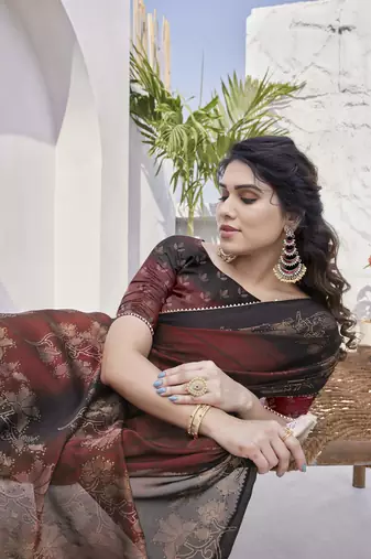 maroon floral print zari work chiffon ready to wear saree