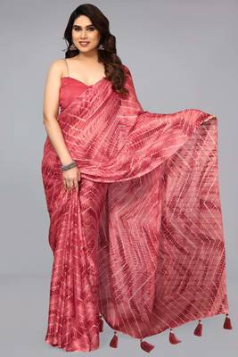 coral red shibori print tie dye print chiffon pre draped saree 1