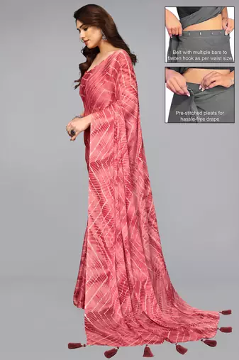 coral red shibori print tie dye print chiffon pre draped saree