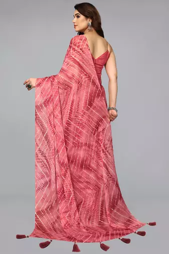 coral red shibori print tie dye print chiffon pre draped saree