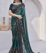 Teal floral print zari work chiffon ready to wear saree