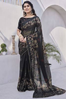 black floral print zari work chiffon ready to wear saree 1