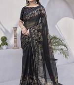 Black floral print zari work chiffon ready to wear saree
