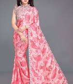Pink floral print crepe silk ready to wear saree