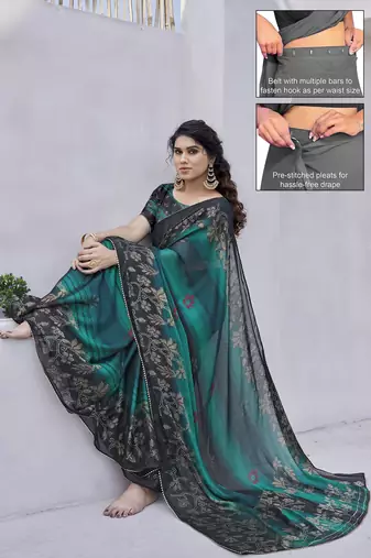 pre draped yellowish orange geometric print chiffon saree