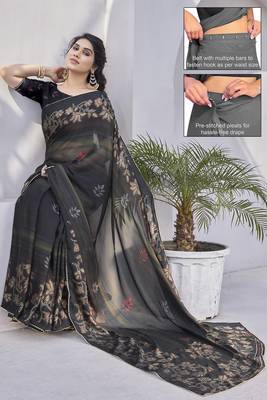 black floral print zari work chiffon ready to wear saree 2