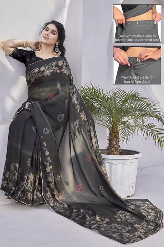 black floral print zari work chiffon ready to wear saree