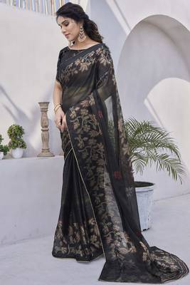 black floral print zari work chiffon ready to wear saree 3