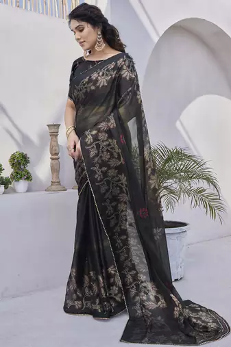 black floral print zari work chiffon ready to wear saree