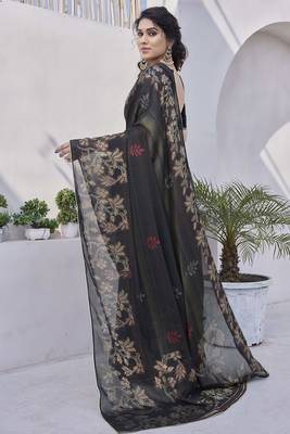 black floral print zari work chiffon ready to wear saree 4