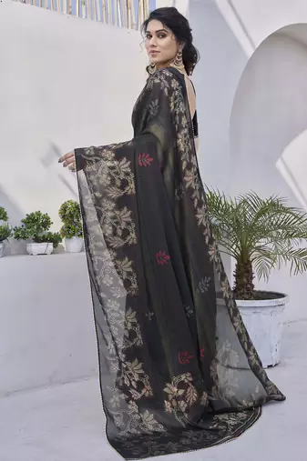 black floral print zari work chiffon ready to wear saree