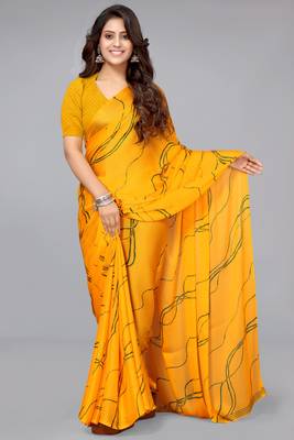 ready made yellowish orange geometric print chiffon saree 1