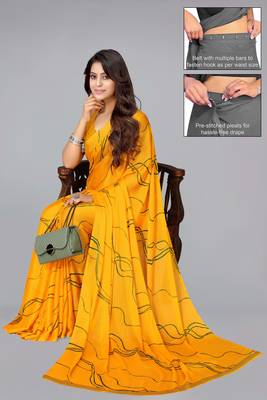 ready made yellowish orange geometric print chiffon saree 2