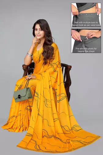 ready made yellowish orange geometric print chiffon saree