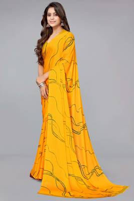 ready made yellowish orange geometric print chiffon saree 3