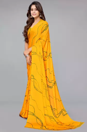 ready made yellowish orange geometric print chiffon saree