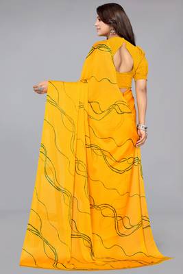 ready made yellowish orange geometric print chiffon saree 4