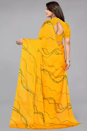 ready made yellowish orange geometric print chiffon saree
