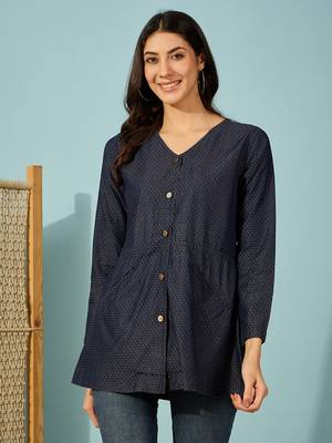 dark blue denim shirt top with gold metal buttons casual long sleeve shirt 1
