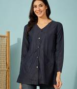 dark blue denim shirt top with gold metal buttons casual long sleeve shirt