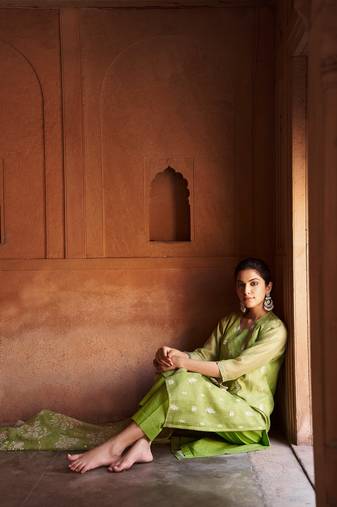 green Hand block printed Straight fit Chanderi Kurta set 