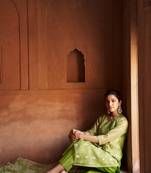 green Hand block printed Straight fit Chanderi Kurta set 