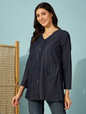 dark blue denim shirt top with gold metal buttons casual long sleeve shirt 2