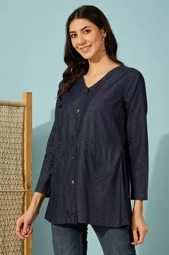 dark blue denim shirt top with gold metal buttons casual long sleeve shirt