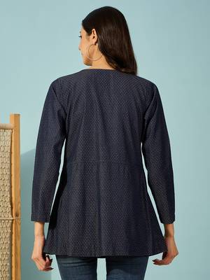 dark blue denim shirt top with gold metal buttons casual long sleeve shirt 3