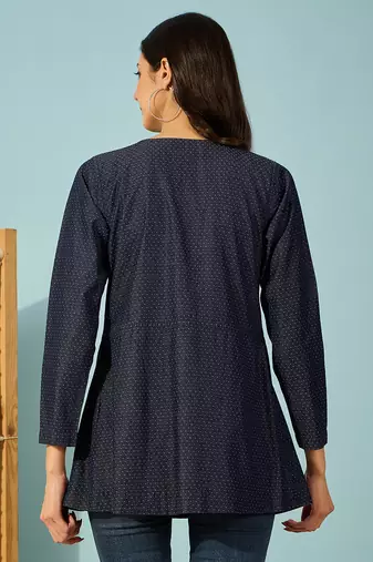 dark blue denim shirt top with gold metal buttons casual long sleeve shirt