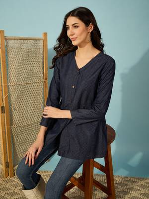 dark blue denim shirt top with gold metal buttons casual long sleeve shirt 4