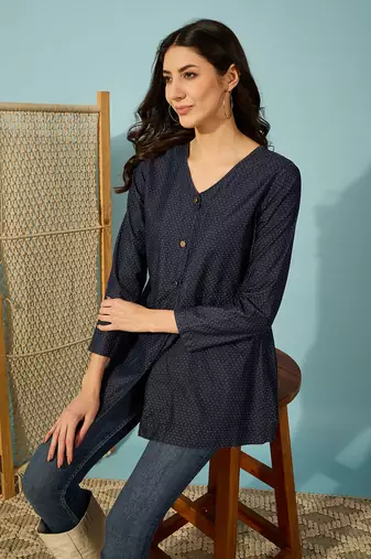 dark blue denim shirt top with gold metal buttons casual long sleeve shirt