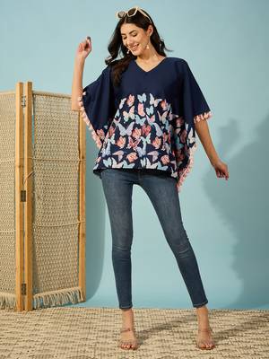 blue butterfly printed cotton kaftan top loose fit lightweight boho shirt 2