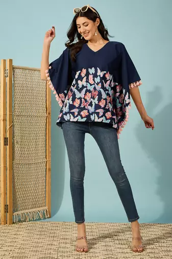 blue butterfly printed cotton kaftan top loose fit lightweight boho shirt