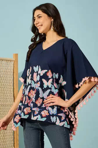 blue butterfly printed cotton kaftan top loose fit lightweight boho shirt