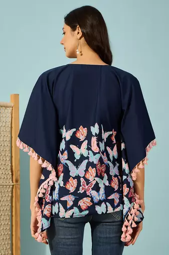 blue butterfly printed cotton kaftan top loose fit lightweight boho shirt