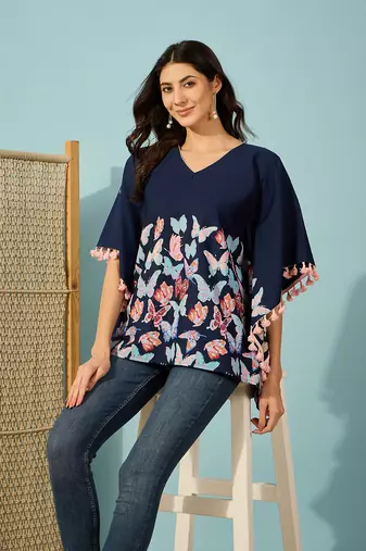 blue butterfly printed cotton kaftan top loose fit lightweight boho shirt