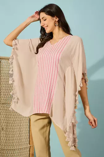 striped beige and pink cotton kaftan top lightweight loose fit casual shirt