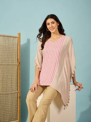 striped beige and pink cotton kaftan top lightweight loose fit casual shirt 4