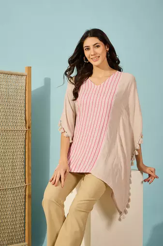 striped beige and pink cotton kaftan top lightweight loose fit casual shirt