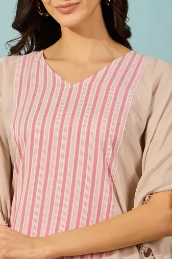 striped beige and pink cotton kaftan top lightweight loose fit casual shirt