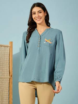 blue modal top bird embroidery on pocket comfortable casual shirt 1