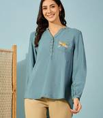 blue modal top bird embroidery on pocket comfortable casual shirt