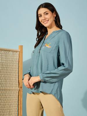 blue modal top bird embroidery on pocket comfortable casual shirt 2