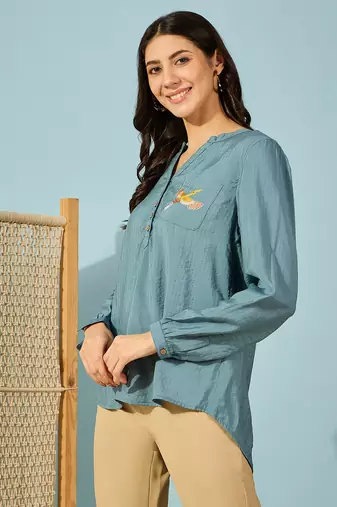 blue modal top bird embroidery on pocket comfortable casual shirt
