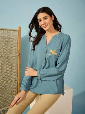 blue modal top bird embroidery on pocket comfortable casual shirt 3