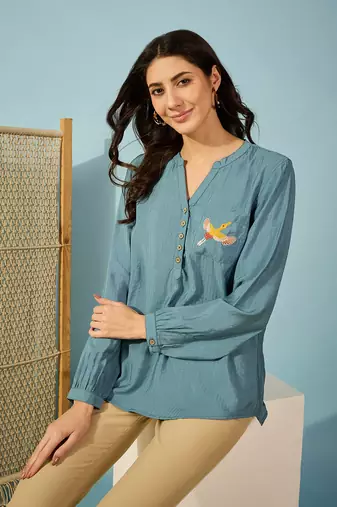 blue modal top bird embroidery on pocket comfortable casual shirt