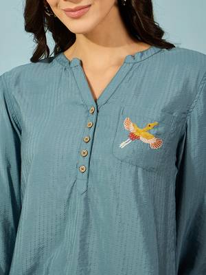 blue modal top bird embroidery on pocket comfortable casual shirt 5