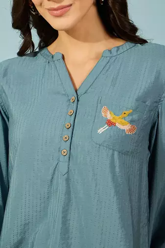 blue modal top bird embroidery on pocket comfortable casual shirt