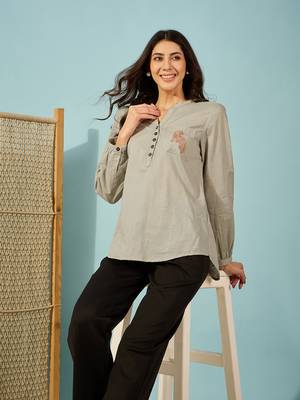 olive green cotton shirt tiger embroidery comfortable casual wear 1